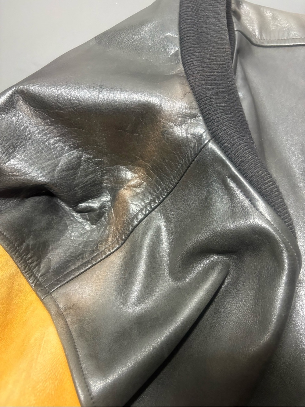 SICHEL Vintage Universal City Employee Black Leather Bomber with Yellow Sleeves - Picture 11 of 11